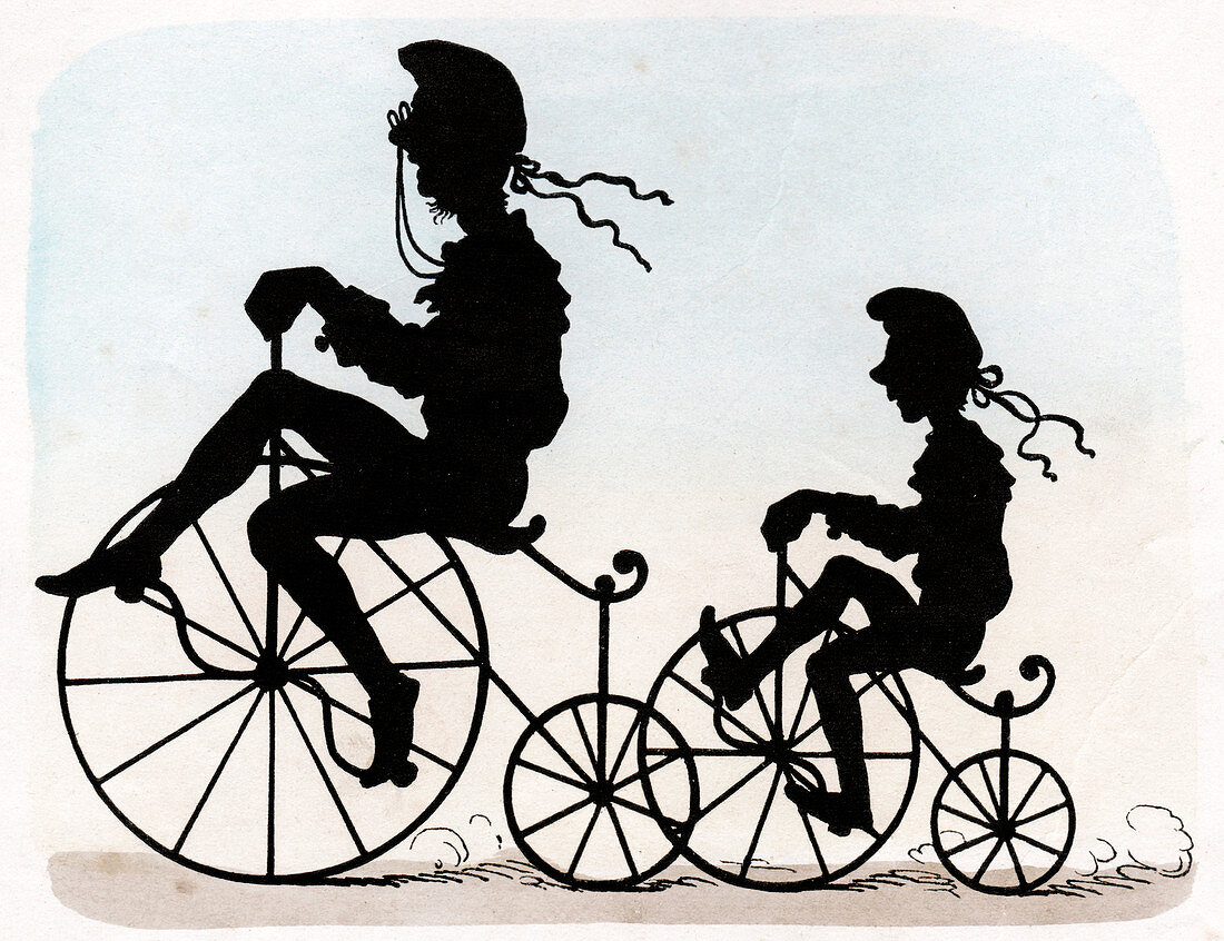 Children riding velocipedes,illustration