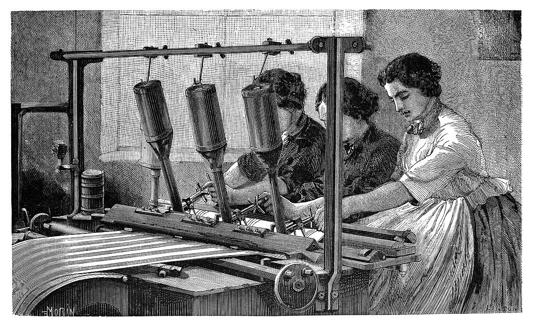 Applying fabric patterns,19th century