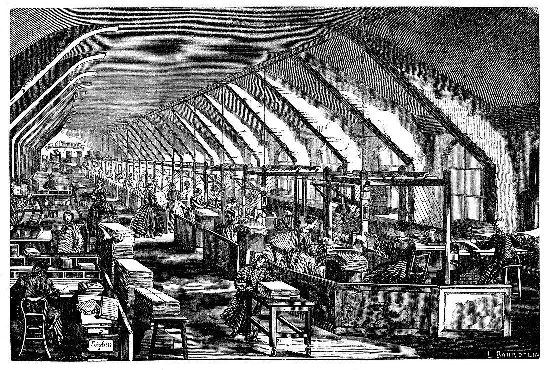 Preparing lined paper,19th century