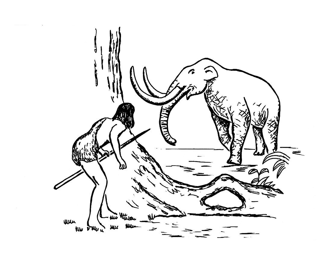 Prehistoric man hunting a Mammoth