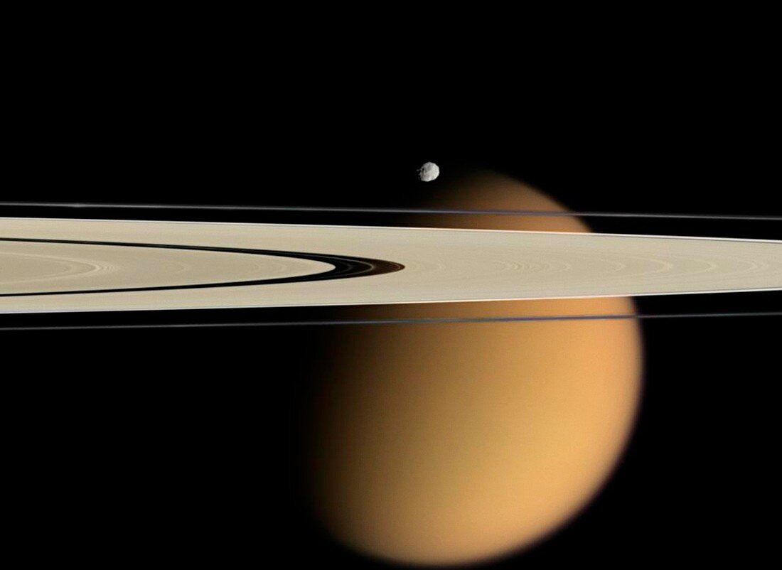Titan and Saturn's rings,Cassini image