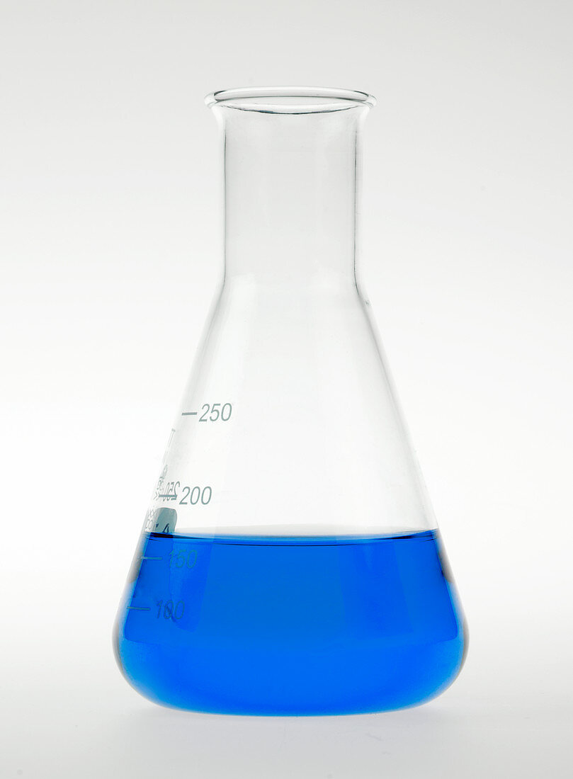 Conical flask holding blue liquid