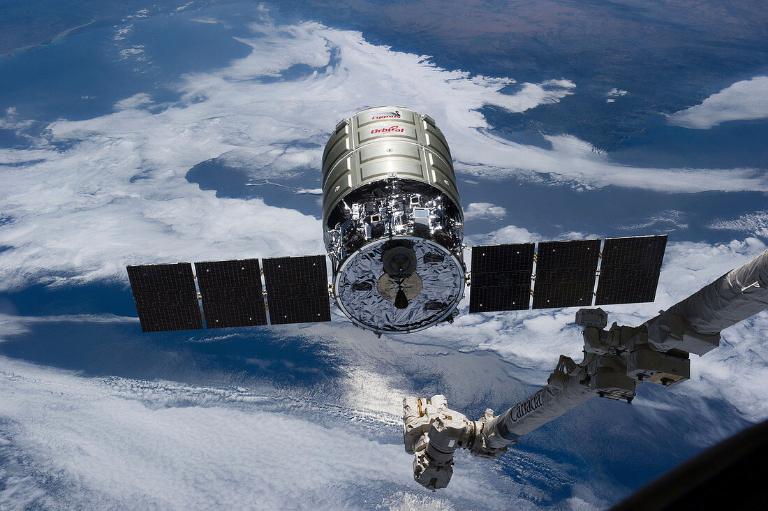 Cygnus cargo spacecraft docking with ISS