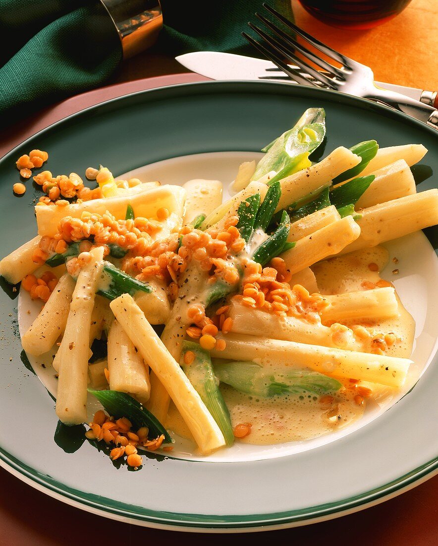 Asparagus casserole with red lentils & spring vegetables