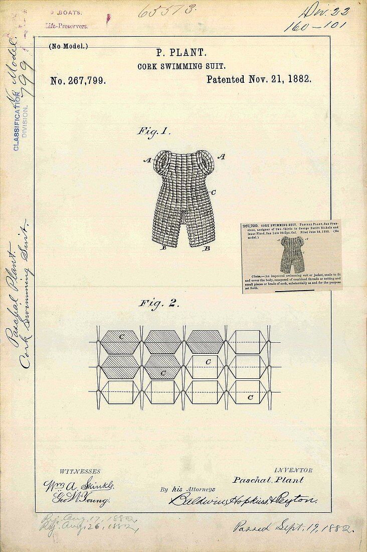 Cork swimming suit patent,1882