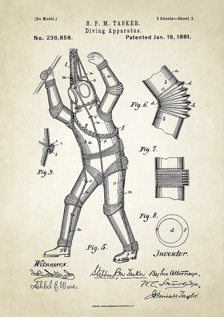 Diving apparatus patent,1880