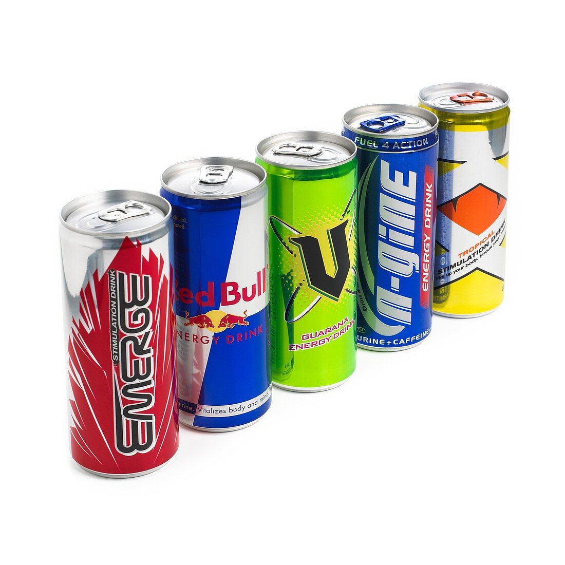 Cans containing energy drinks
