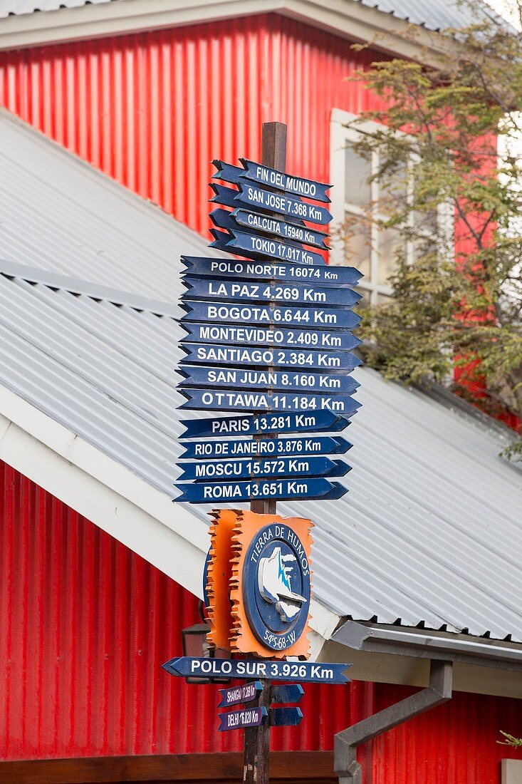Signposts with distances to world cities