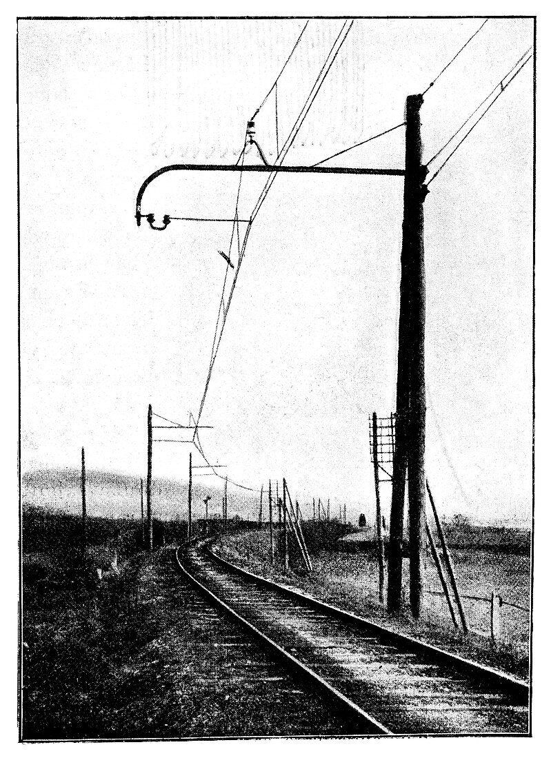 Overhead train power lines,19th century