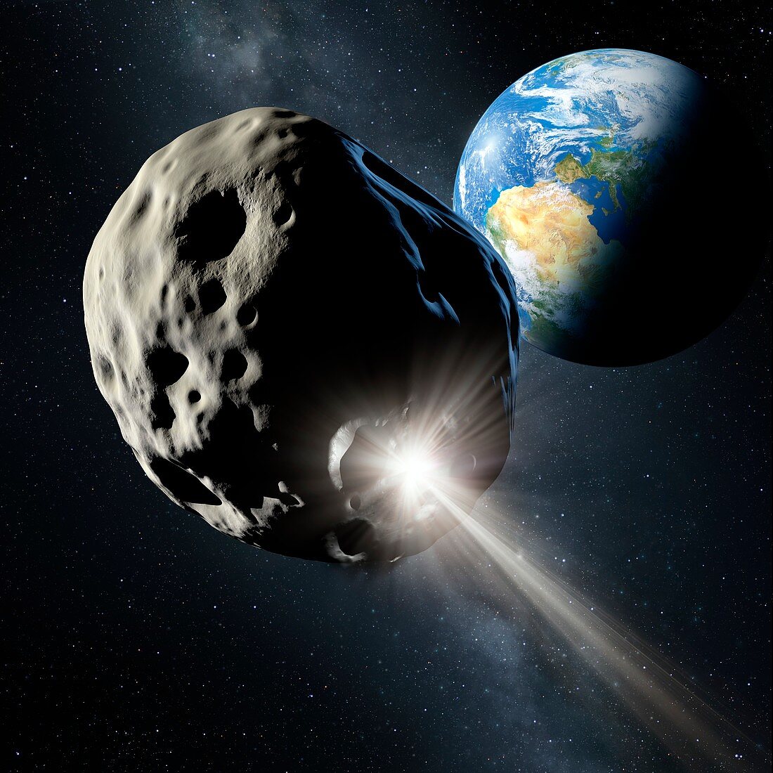 Spacecraft colliding with asteroid