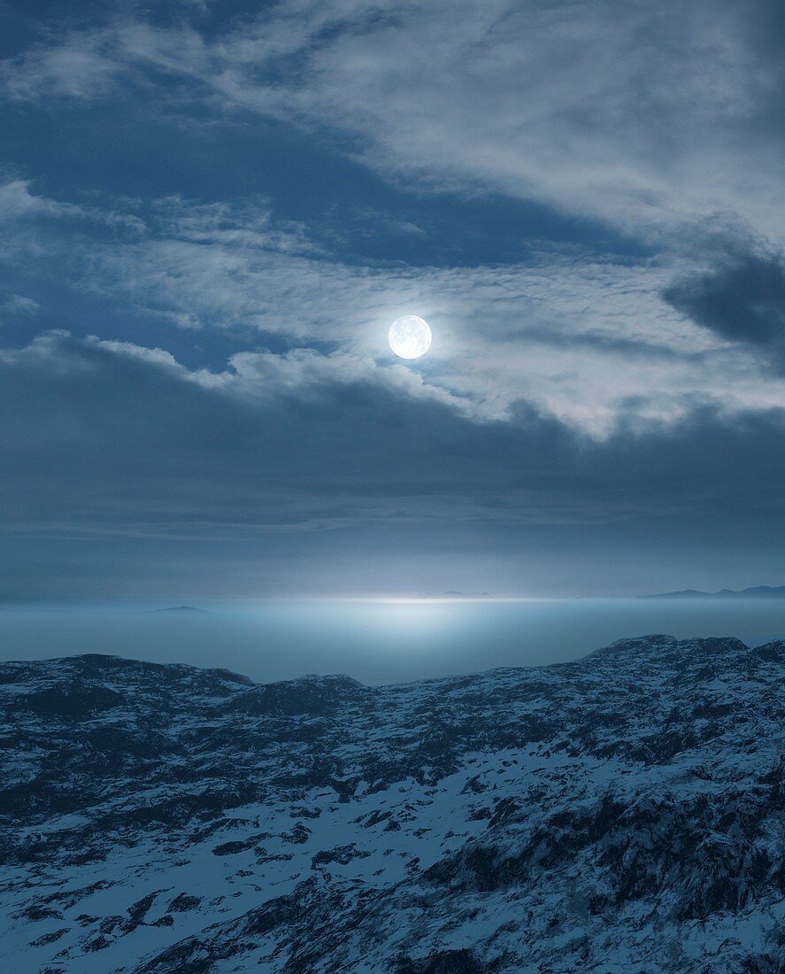 Moon over frozen landscape