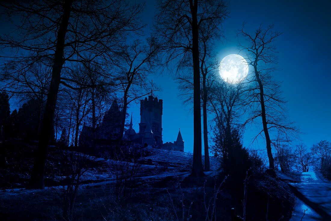 Moon over Drachenfels castle,Germany