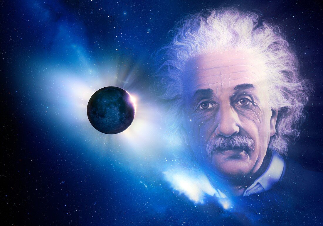 Solar eclipse and Einstein,illustration