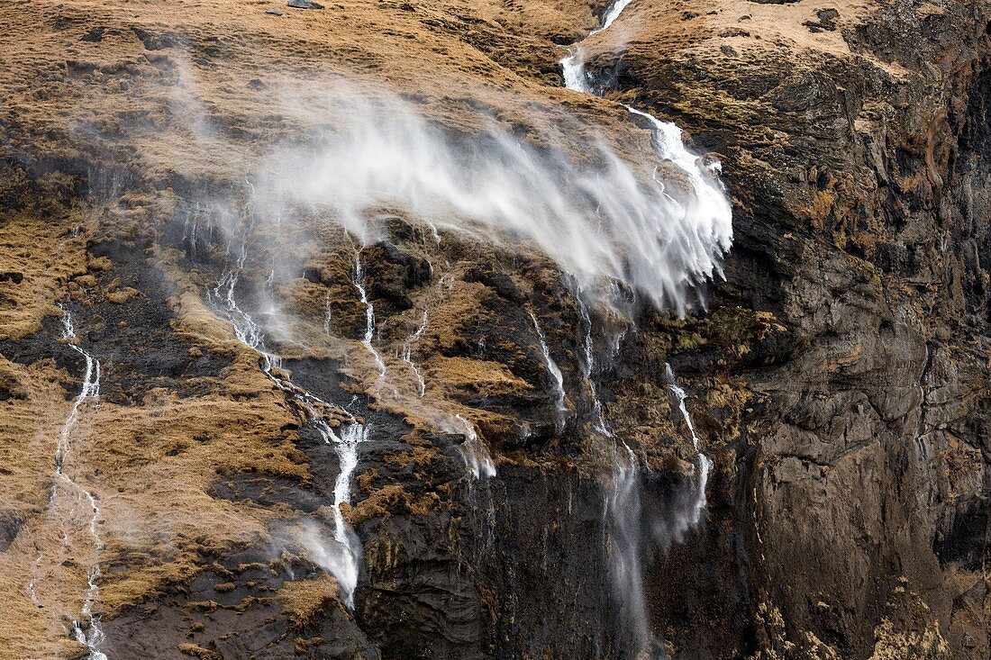 Waterfall in Icelandic storm