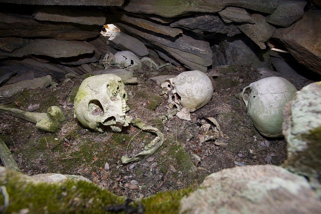 A human Inuit skull in a stone cairn