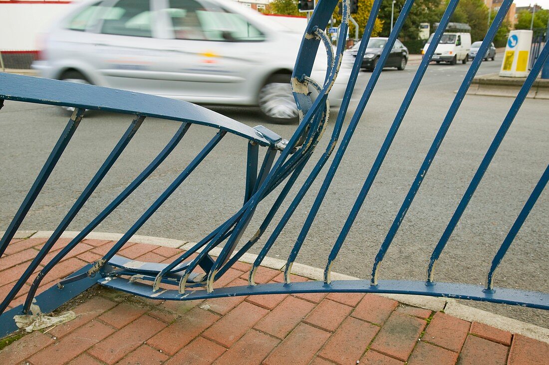 Railings crushed by a car accident