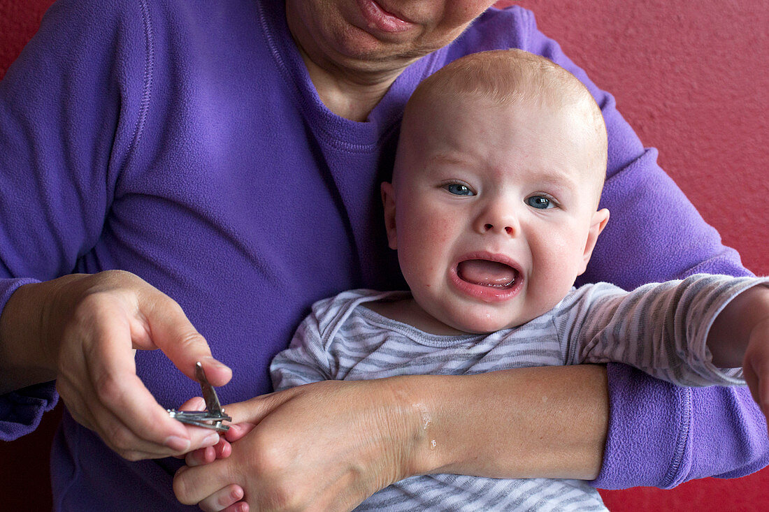 Grandmother cuts baby's fingernails