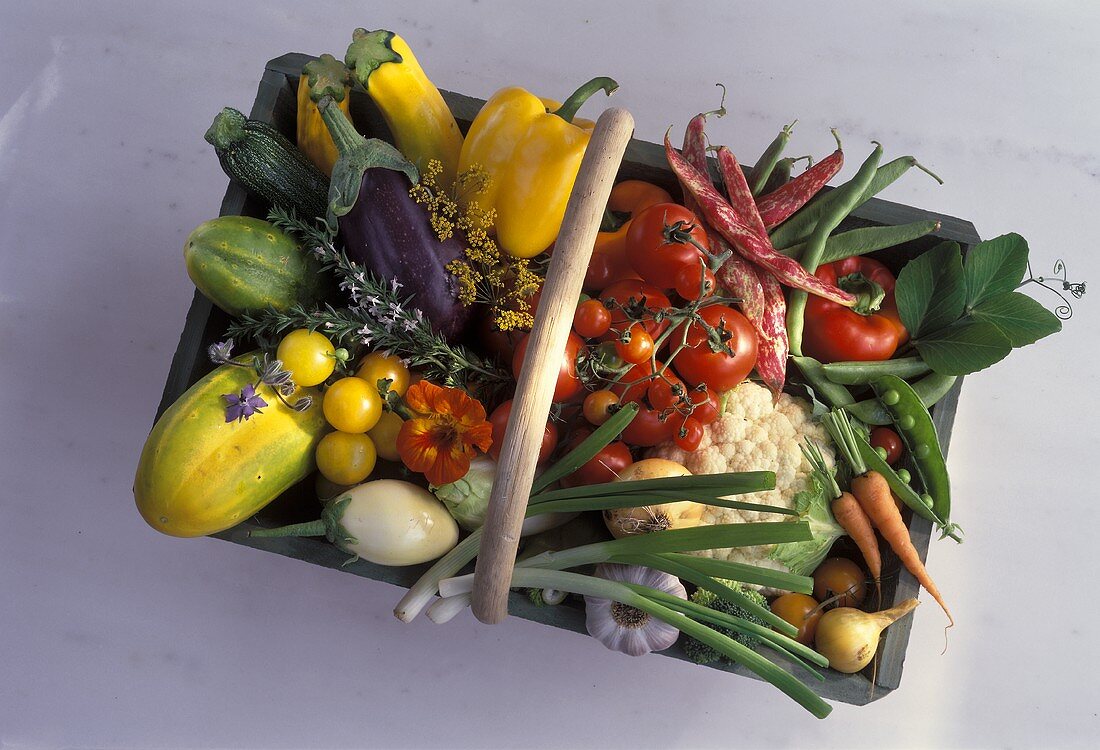 Various vegetables and a few herbs in wooden basket
