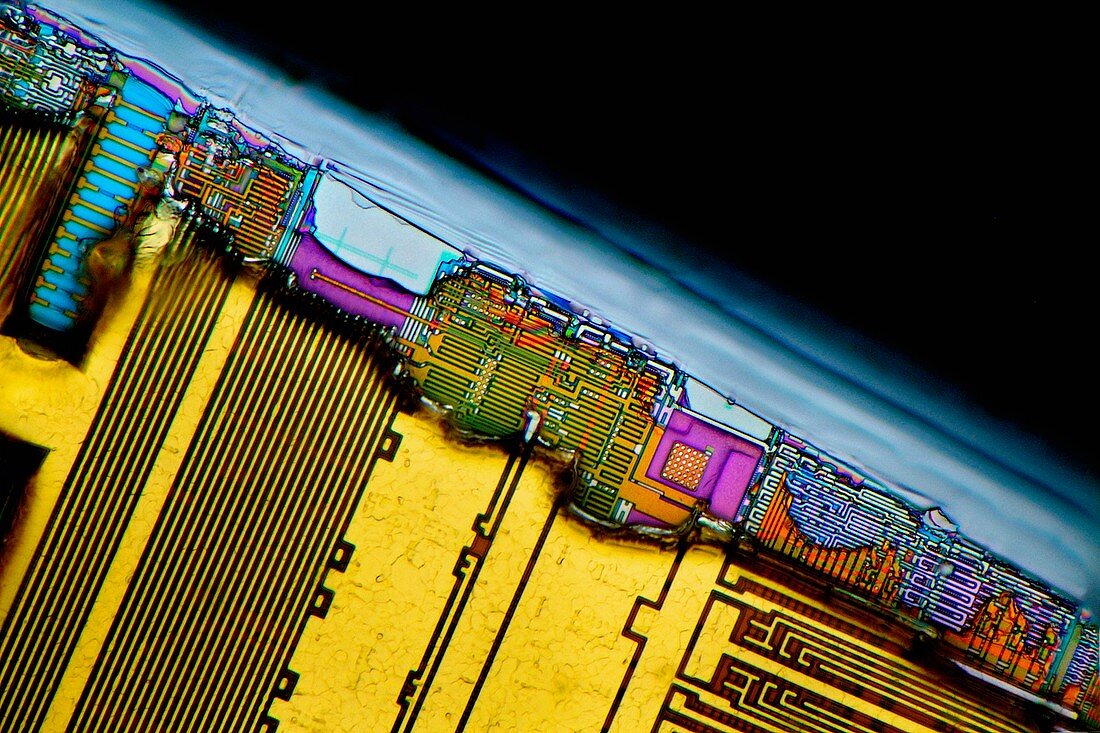 Damaged computer RAM module,micrograph