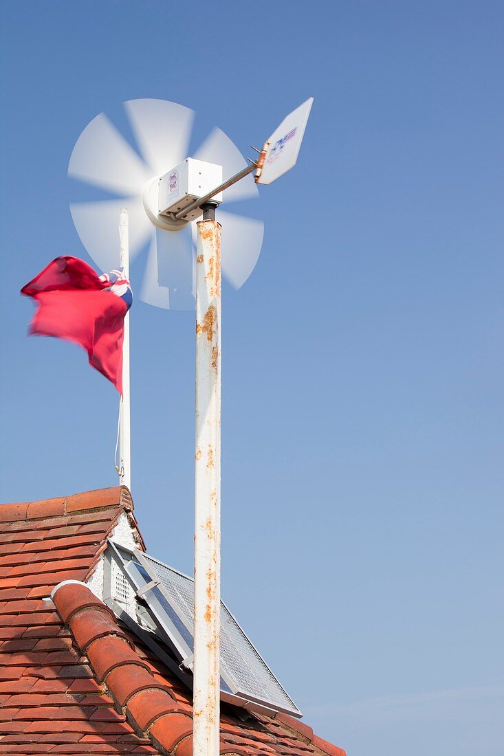 A wind turbine on the roof