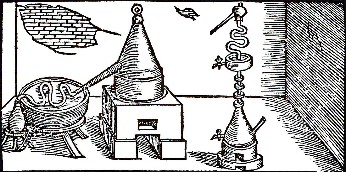 Distillation of alcohol (aqua vitae)