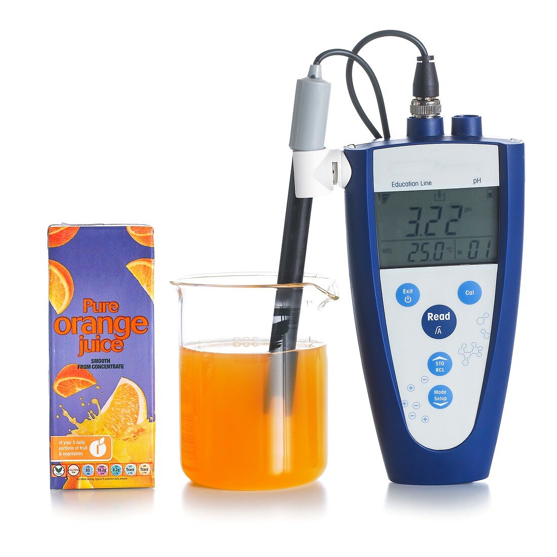pH meter in orange juice