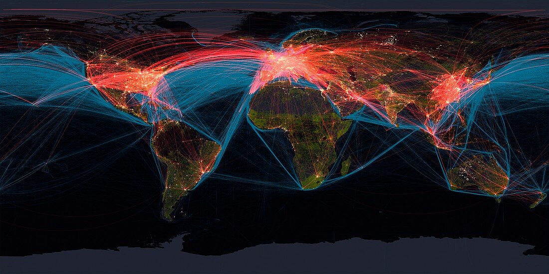 Global transport networks on night map