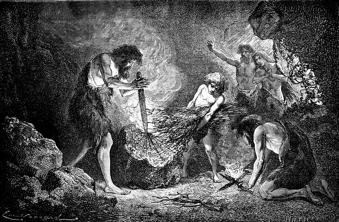 Cave man making fire,19th C illustration