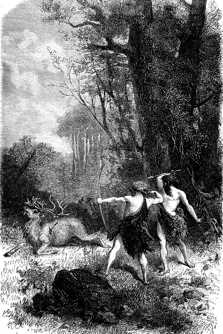 Prehistoric hunters,19th C illustration