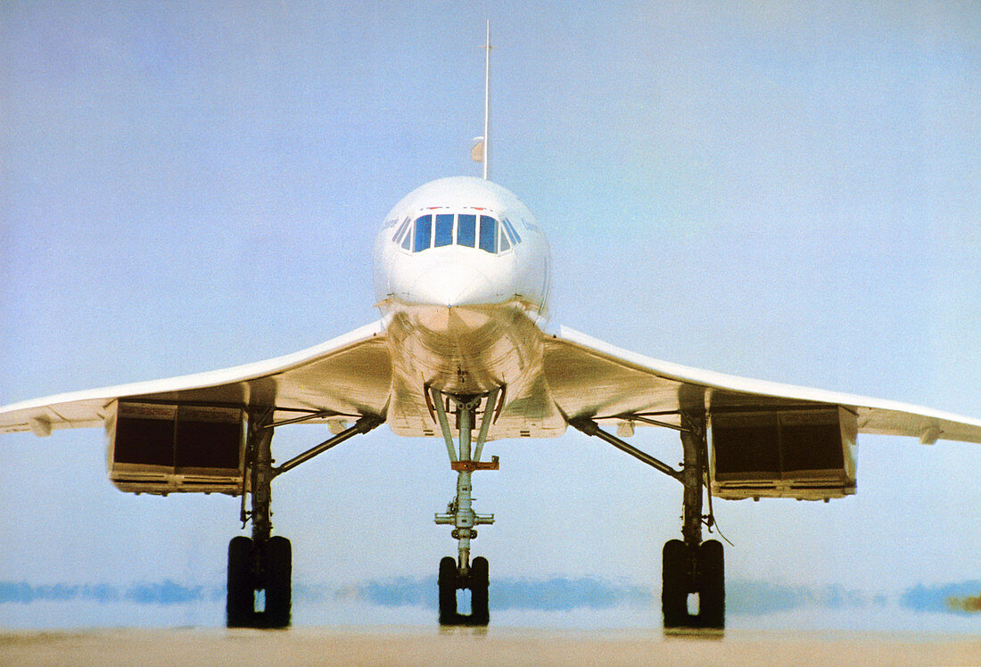 Concorde on airport runway,1975