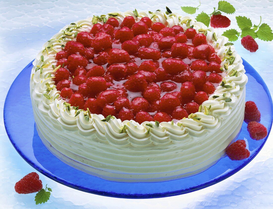 Raspberry cream gateau on blue glass plate