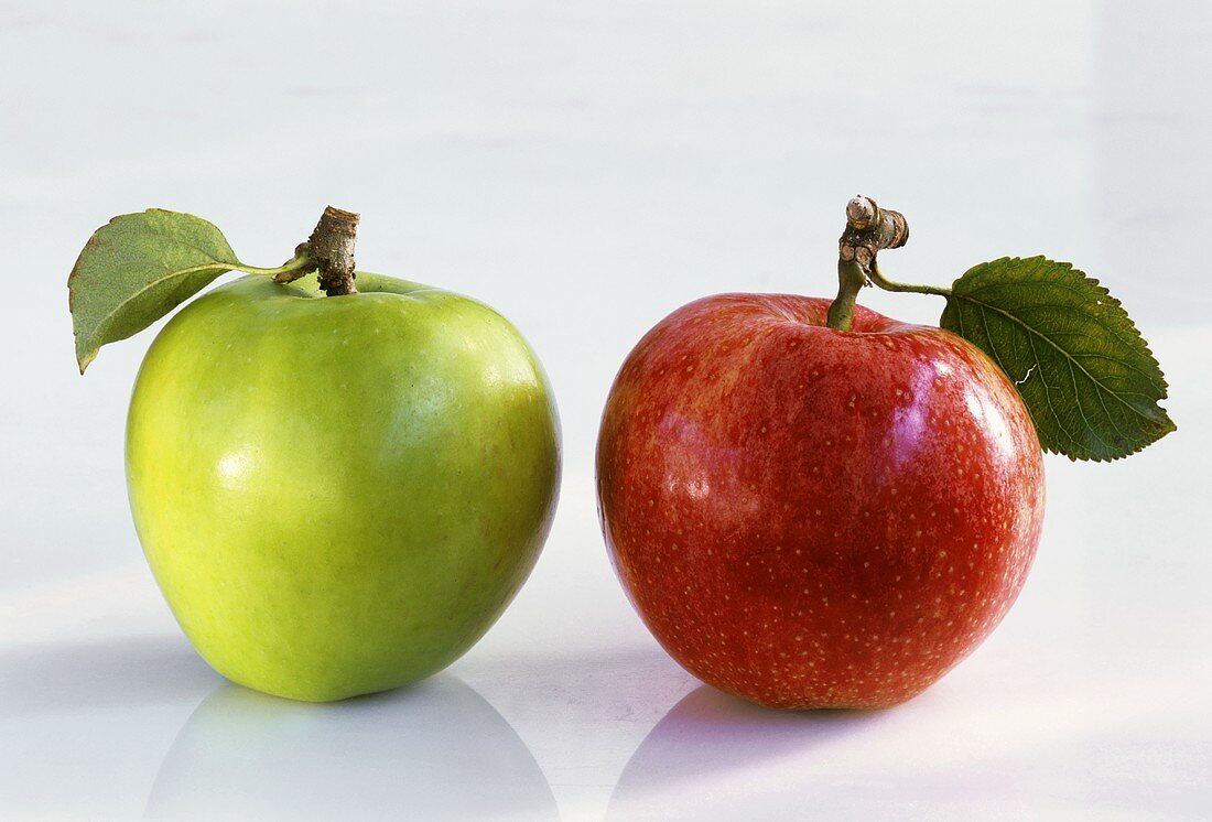 Two apples: on Red Delicious & one Granny Smith