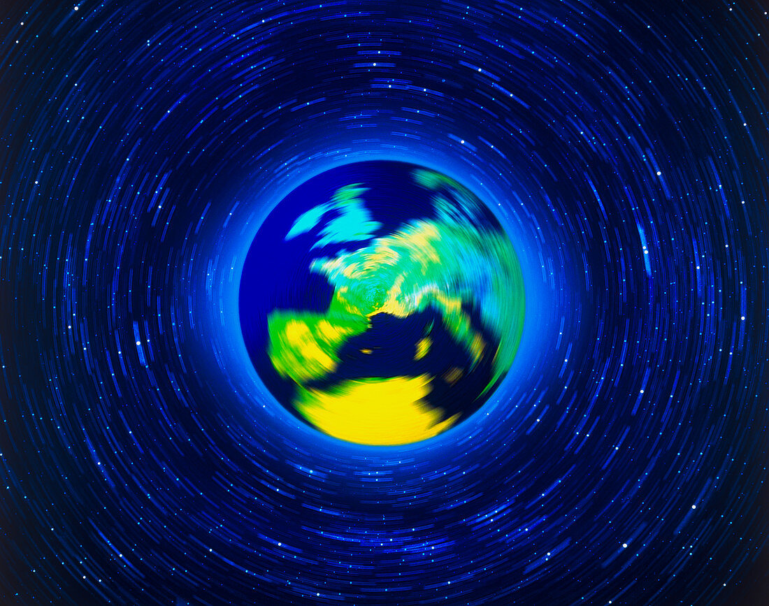 Computer art of spinning Earth and starfield