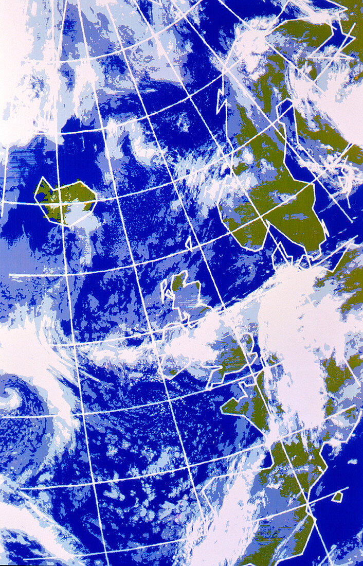 False-colour IR weather map,Europe & N.Atlantic