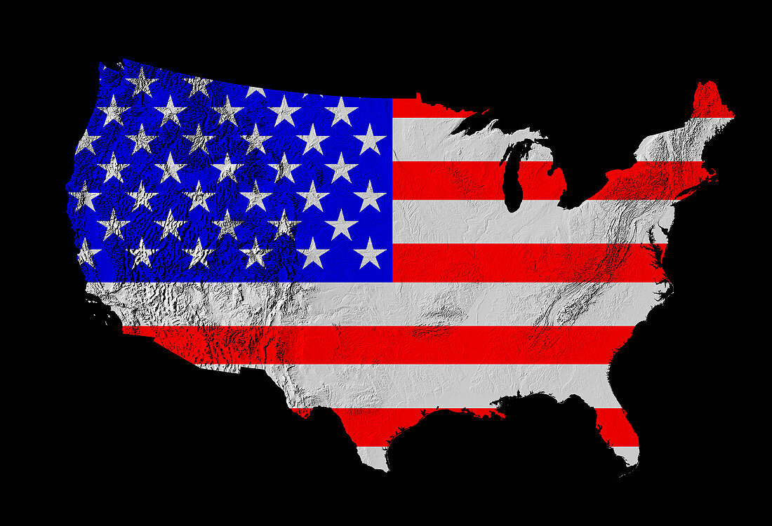 American flag seen on US shaded digital-relief map