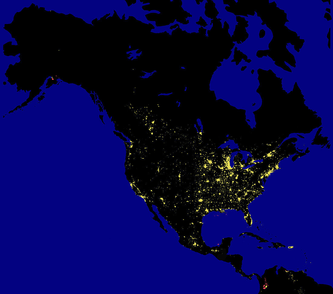 Colour-coded image of North America by night