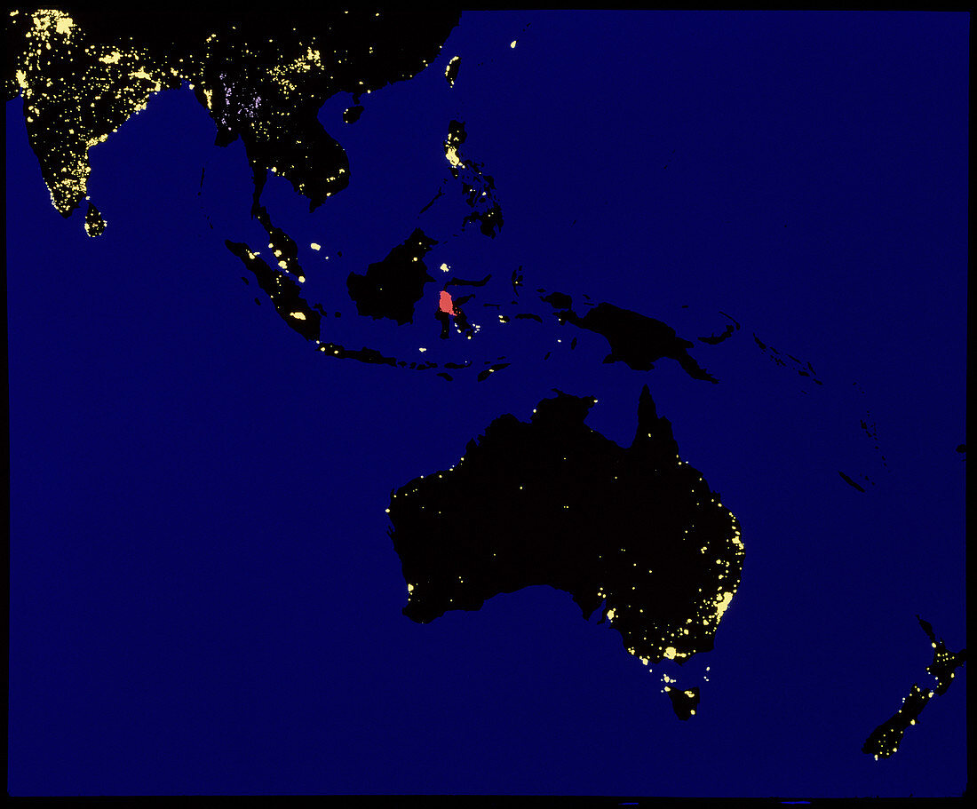 Coloured satellite image of Australasia at night