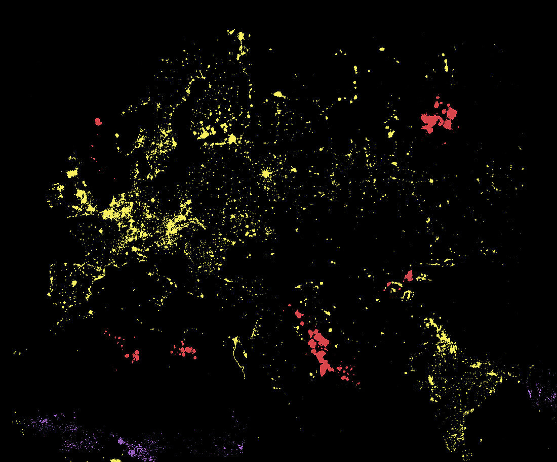 Coloured satellite image of Eurasia at night