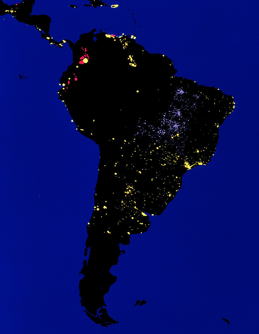 Coloured satellite image of South America at night