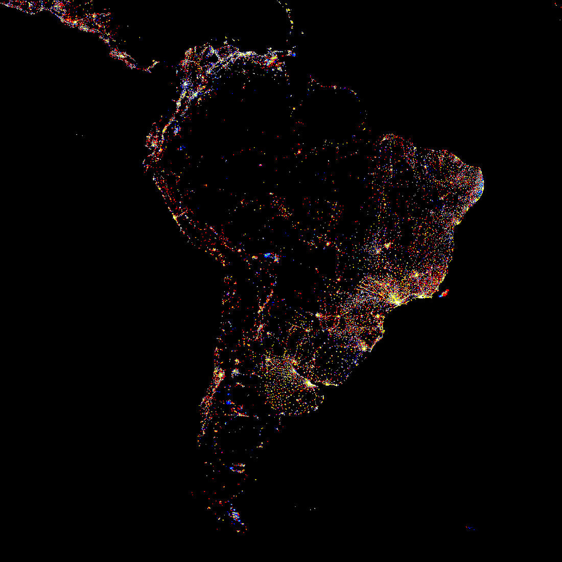 South America at night,1993-2003 changes