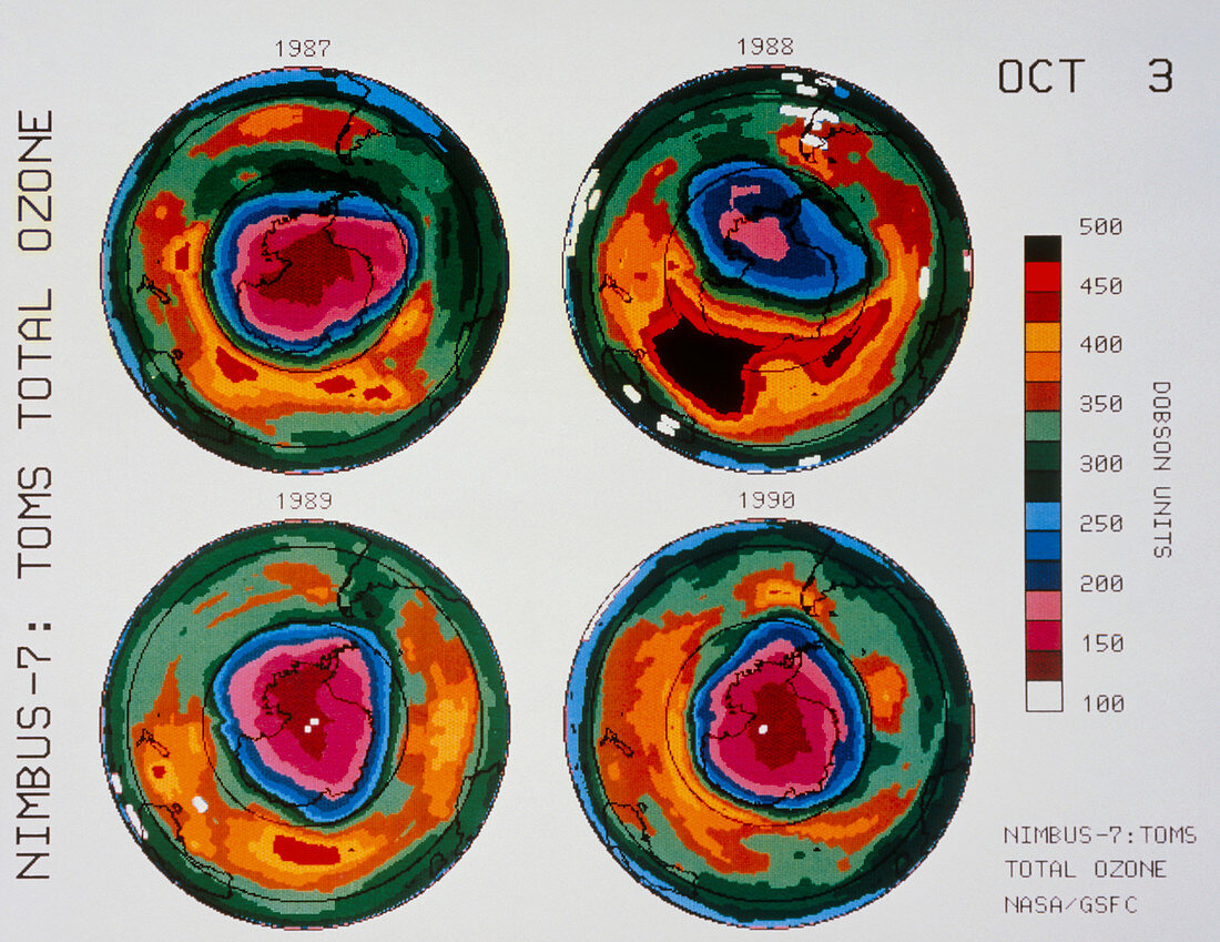 Antarctic ozone hole: TOMS comparison 1987-1990