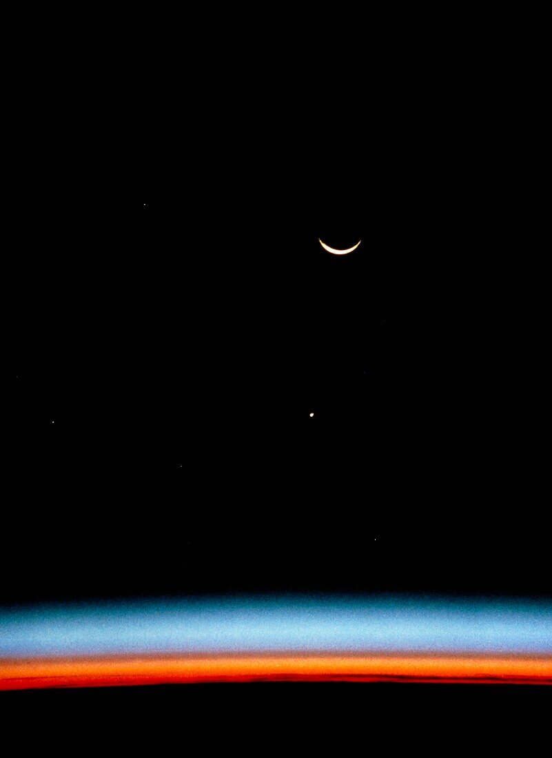 Earth's limb,Jupiter & crescent moon