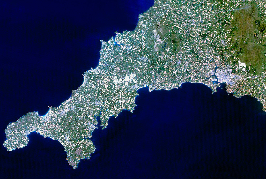 True-colour satellite image of Cornwall,UK