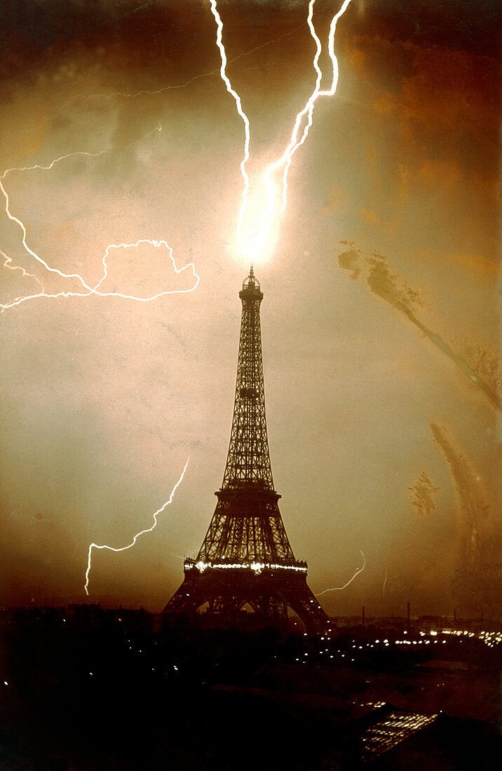 Lightning bolts striking the Eiffel Tower,France