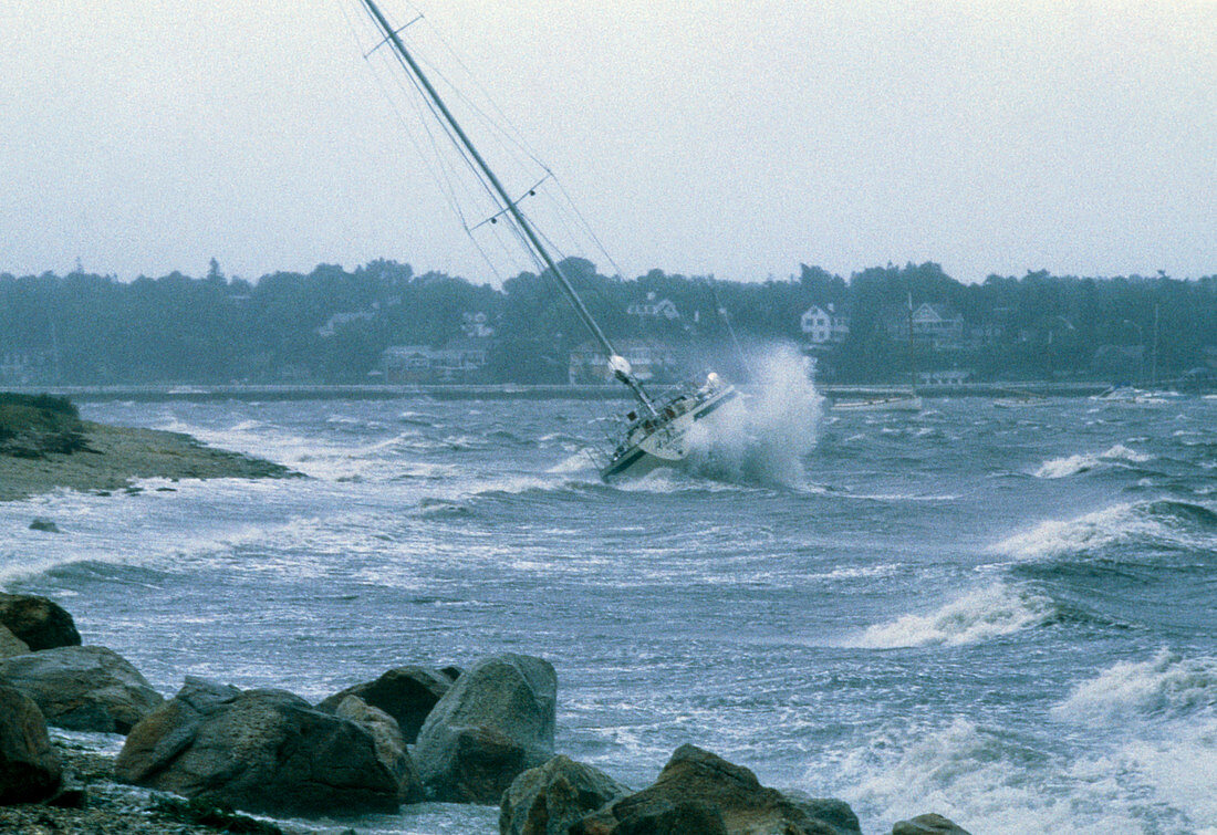 Hurricane Bob lashing boats in a harbour