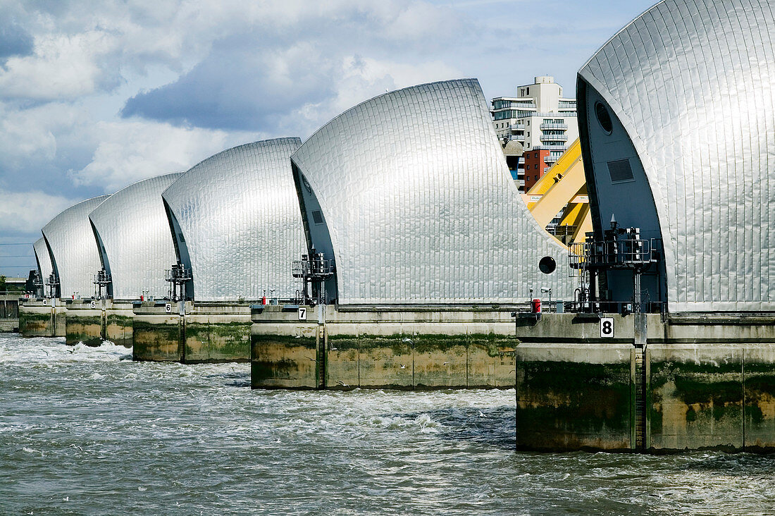 Thames flood barrier with gates closed