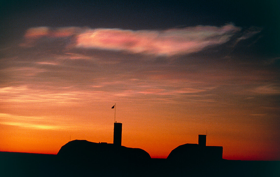 Noctilucent cloud over Antarctic survey station