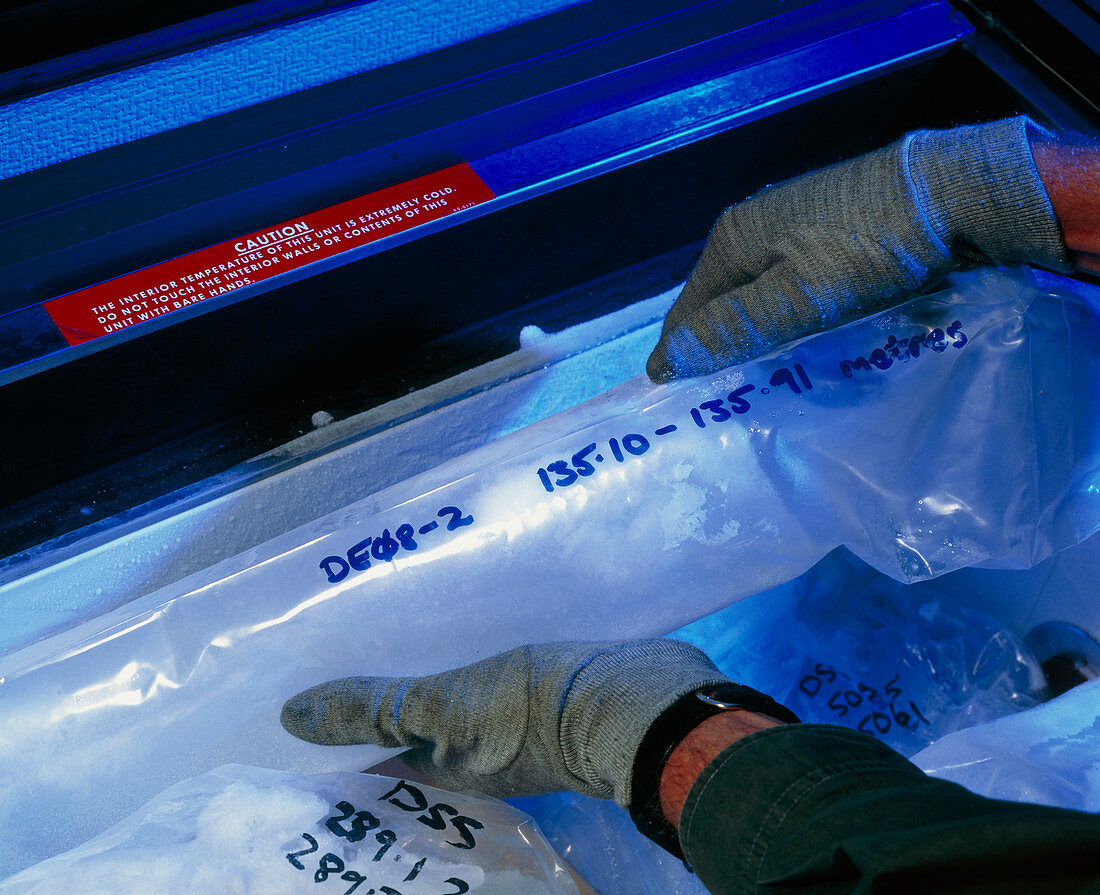 Ice core being handled in a cold room