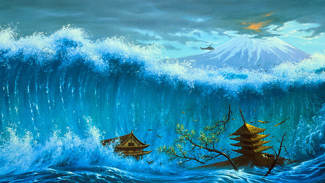 Illustration of a tsunami near a volcano