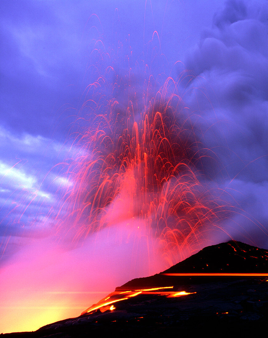 Explosions as a lava flow reaches the coast,Hawaii